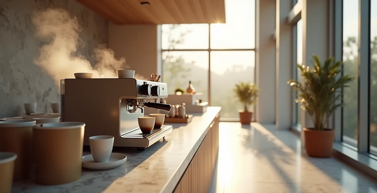Espace événementiel épuré avec station café décafeiné design