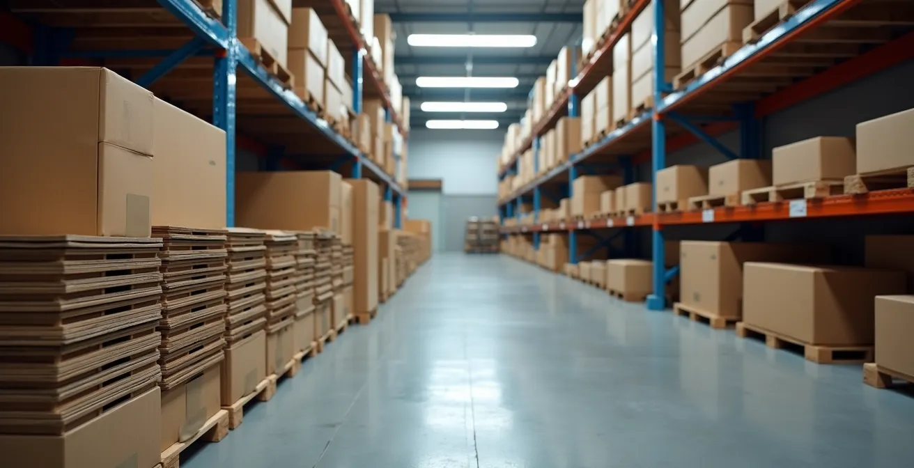 Vue d'ensemble d'un espace de stockage montrant l'optimisation avec des corbeilles carton empilées