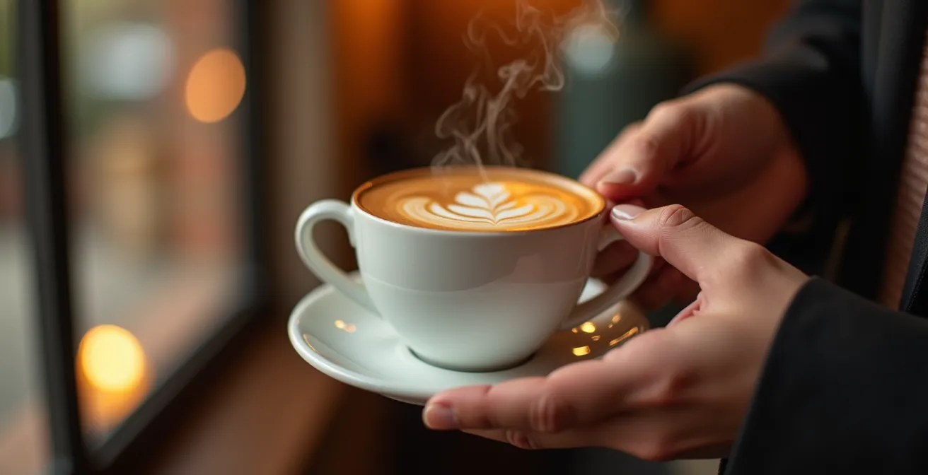 Main tenant délicatement une tasse de café décafeiné avec vapeur montante