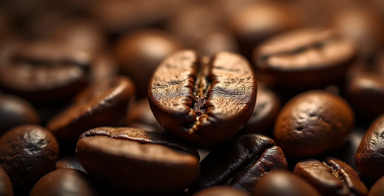 Vue macro de grains de café décafeiné avec textures et reflets dorés