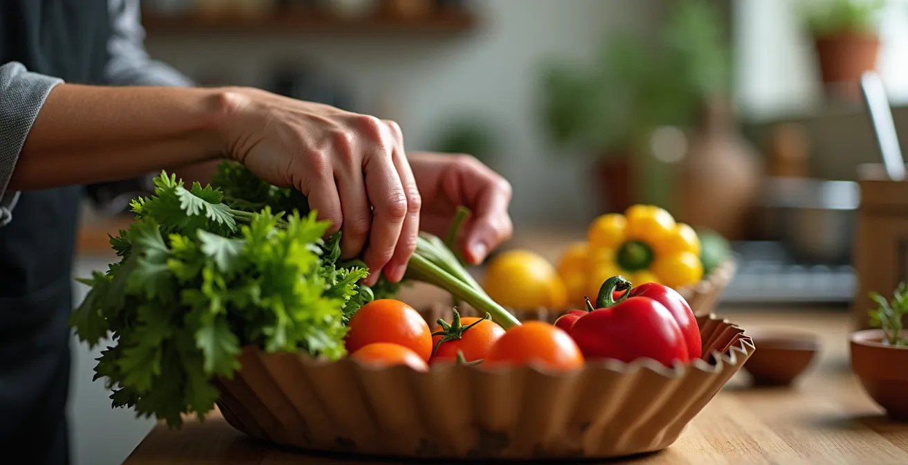 Mains de traiteur préparant une corbeille en carton avec des produits frais