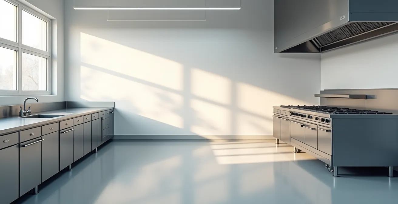 Vue large d'une cuisine professionnelle épurée avec espaces de circulation