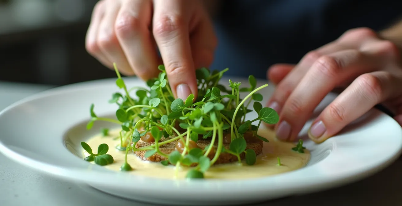 Mains de chef manipulant des ingrédients avec détail des textures