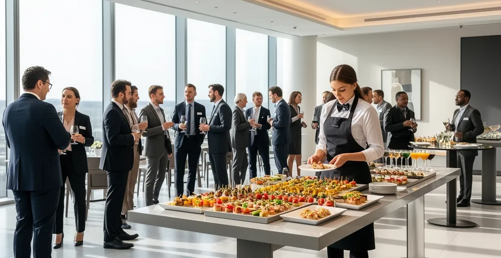 Buffet cocktail dans une salle de séminaire avec convives échangeant