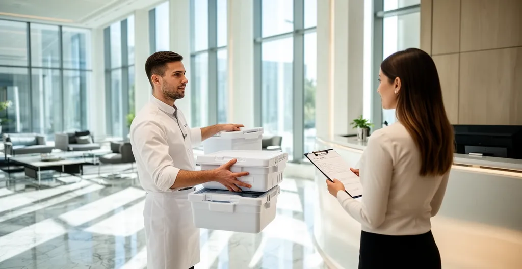 Livreur traiteur remettant des caisses isothermes à une réceptionniste