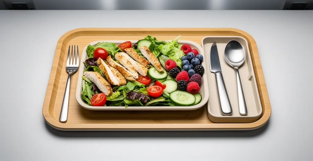 Plateau-repas individuel présenté sur un bureau avec couverts réutilisables