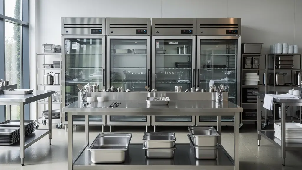 Vue d'ensemble d'un laboratoire traiteur équipé d'armoires réfrigérées professionnelles inox