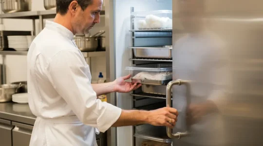 Traiteur professionnel vérifiant le contenu d'une armoire réfrigérée dans son laboratoire