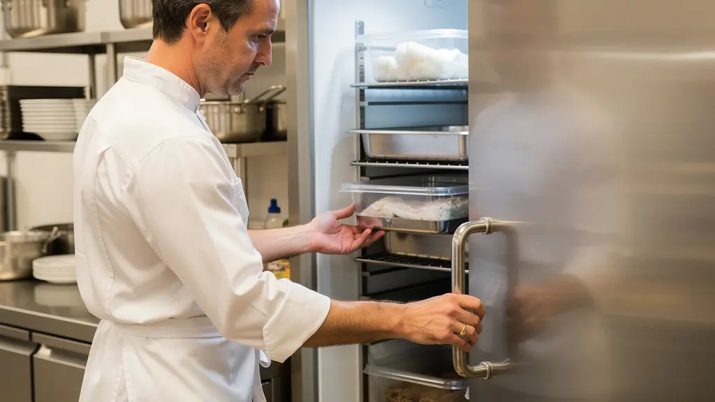 Traiteur professionnel vérifiant le contenu d'une armoire réfrigérée dans son laboratoire