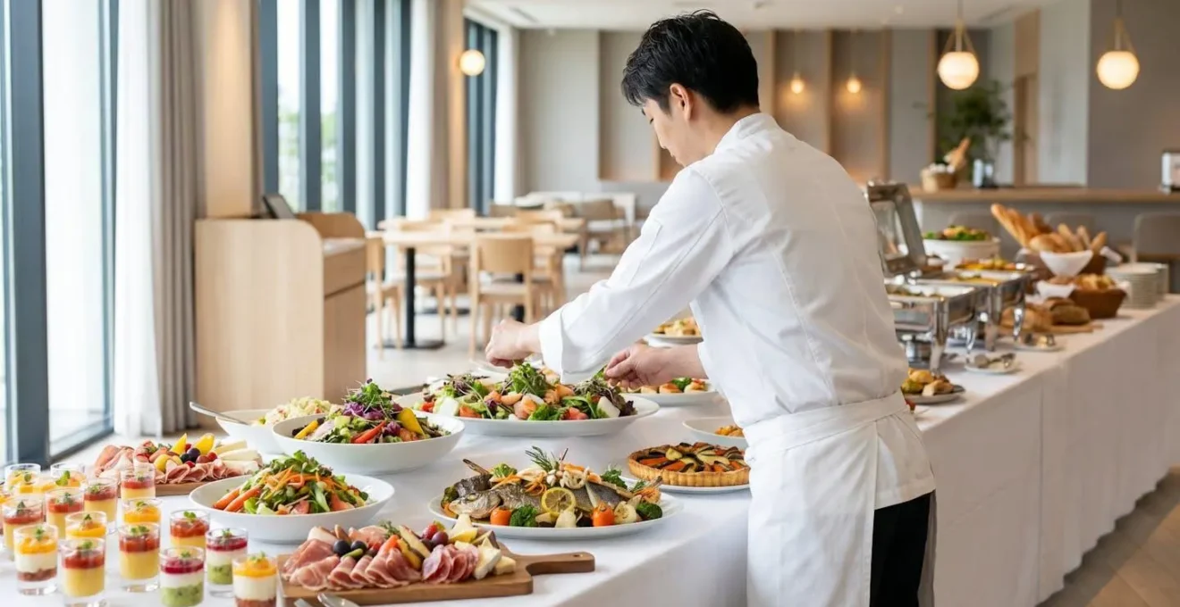 Chef traiteur professionnel finalisant l'installation d'un buffet gastronomique varié dans une salle de réception moderne avec lumière naturelle