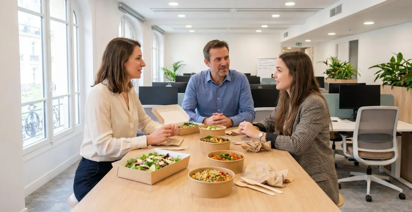 Trois collaborateurs en pause déjeuner dans un open-space moderne parisien, plateaux-repas traiteur ouverts sur table haute, lumière naturelle et ambiance détendue