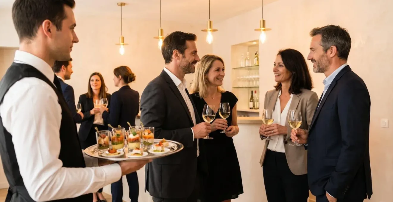 Serveur professionnel présentant des verrines gastronomiques lors d'un cocktail dînatoire d'entreprise, invités en tenue business chic discutant debout dans une salle de réception moderne avec éclairage chaleureux