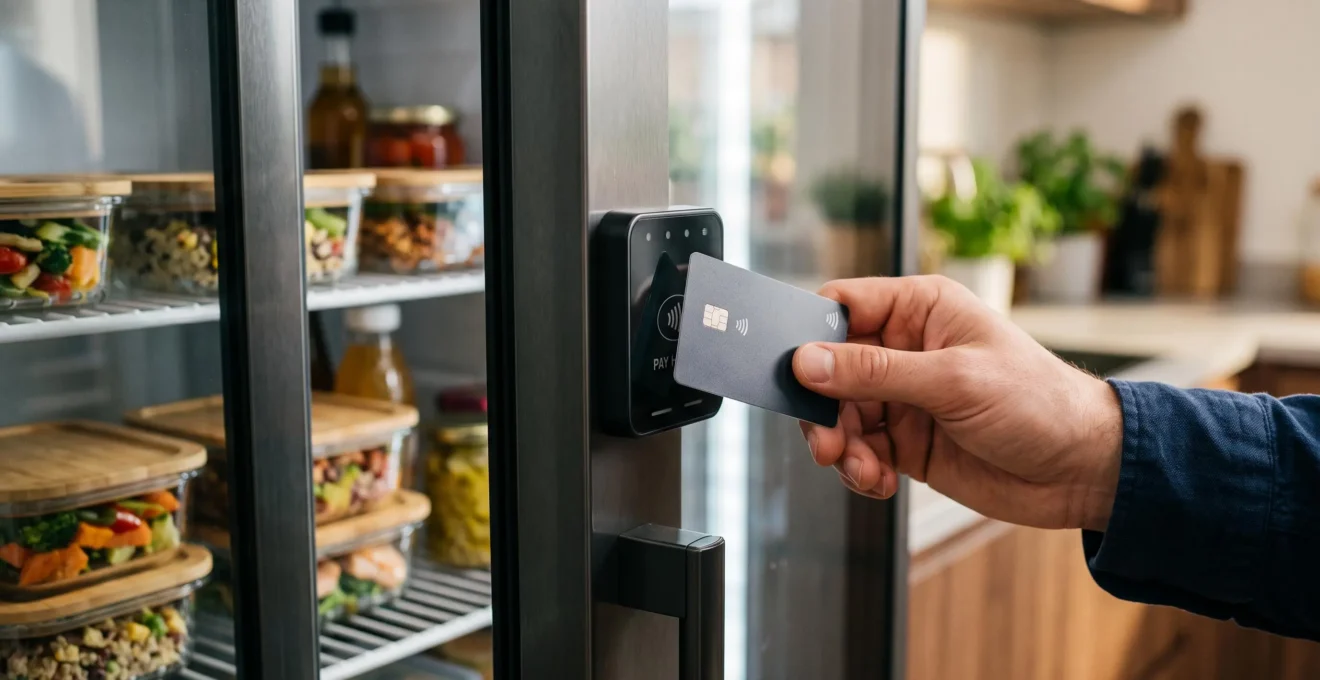 Une main approche une carte bancaire du lecteur sans contact d'un frigo connecté.