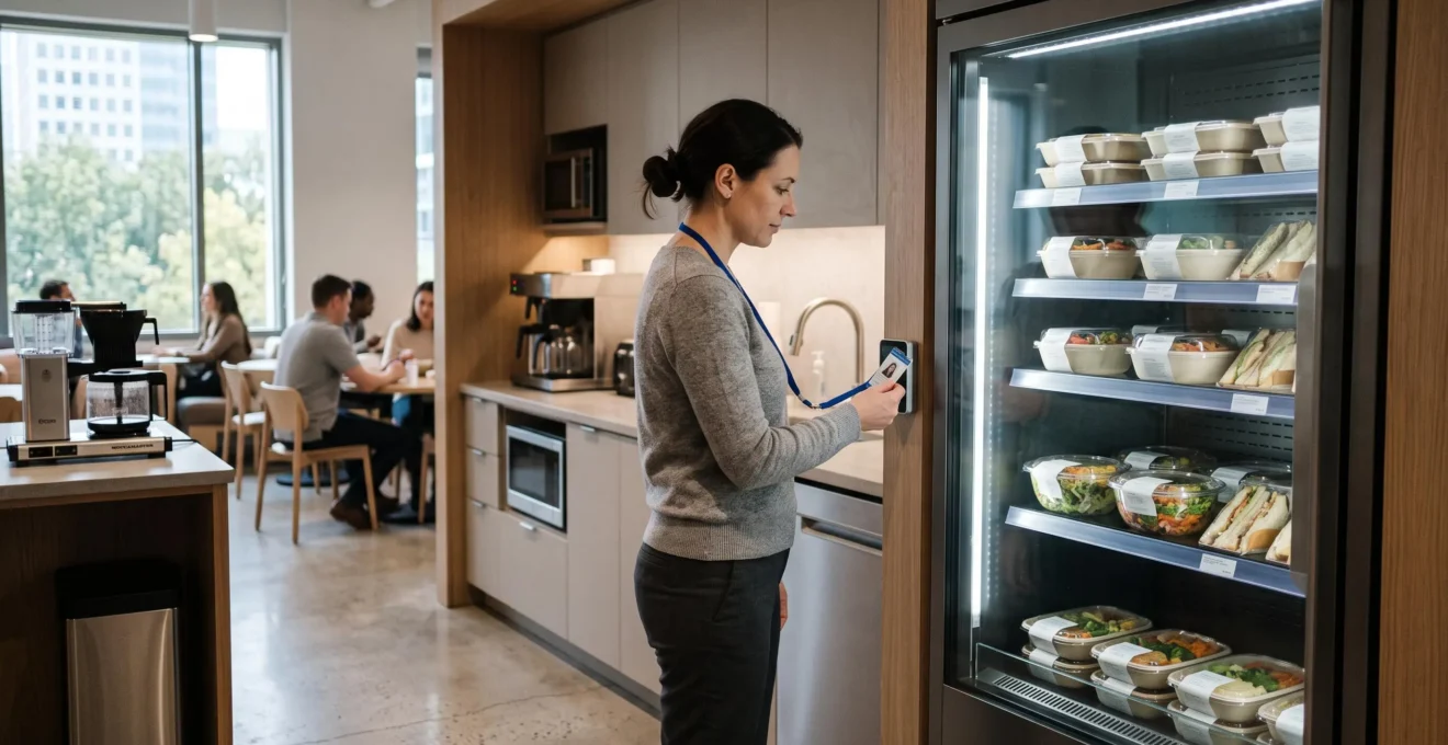 Un employé passe son badge devant un frigo connecté rempli de plats dans une pause entreprise.