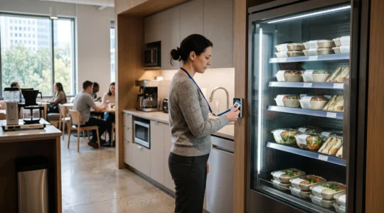 Un employé passe son badge devant un frigo connecté rempli de plats dans une pause entreprise.