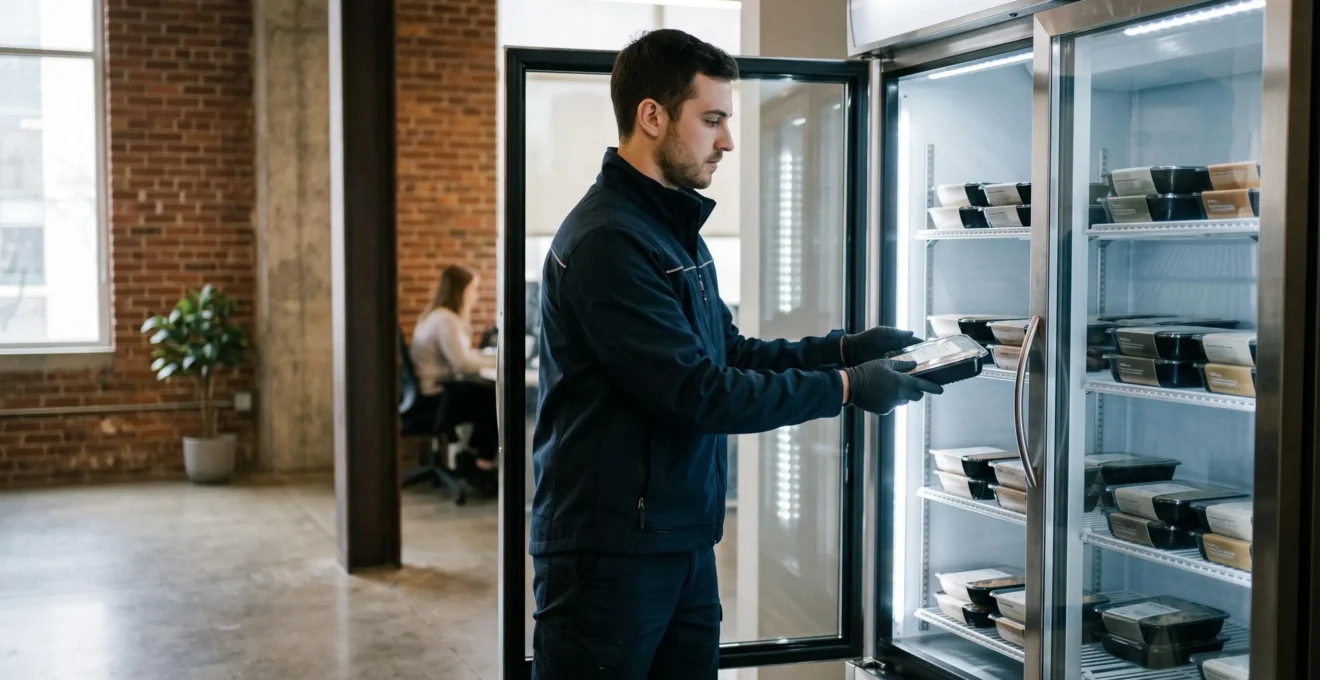 Un technicien réapprovisionne les rayonnages d'un frigo connecté avec des plateaux de plats.
